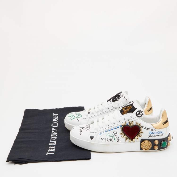 Pre Owned Dolce & Gabbana White Leather Portofino Embellished Low Top Sneakers Size 38