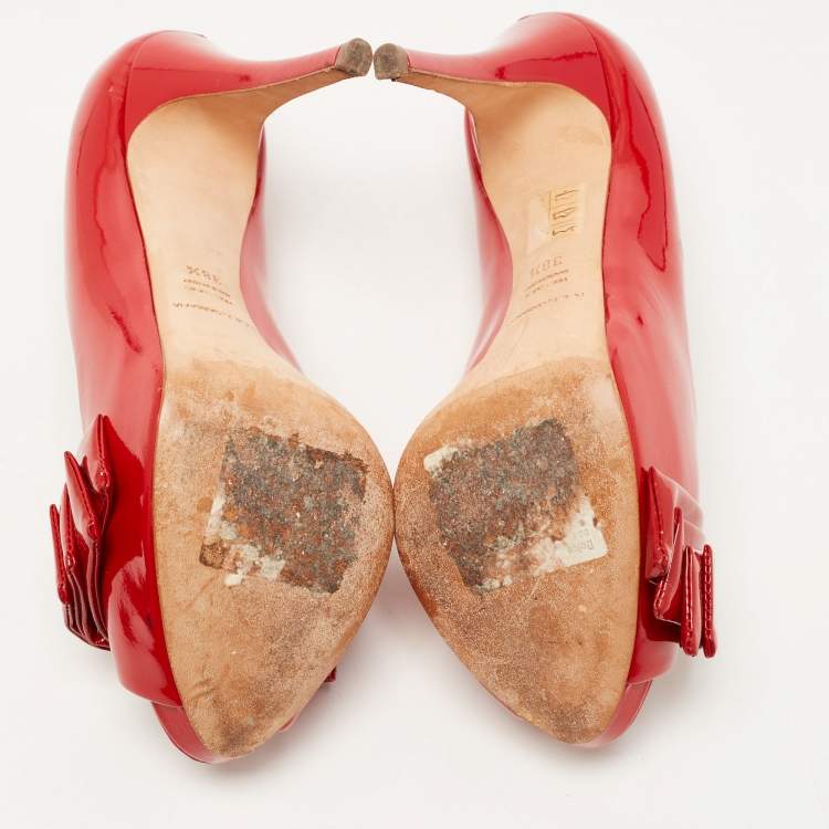 Pre Owned Dolce & Gabbana Red Patent Leather Bow Peep Toe Pumps Size 38.5