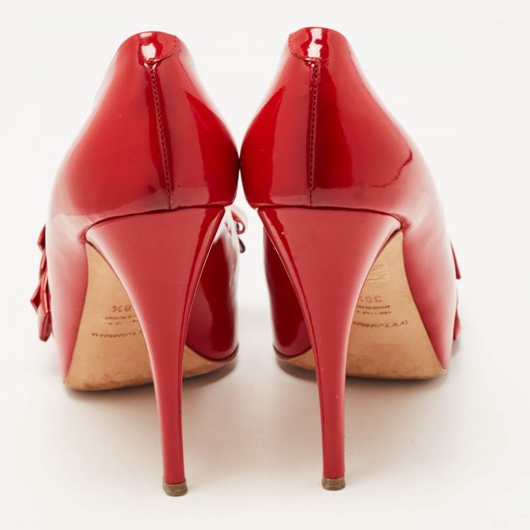 Pre Owned Dolce & Gabbana Red Patent Leather Bow Peep Toe Pumps Size 38.5