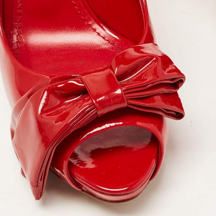 Pre Owned Dolce & Gabbana Red Patent Leather Bow Peep Toe Pumps Size 38.5