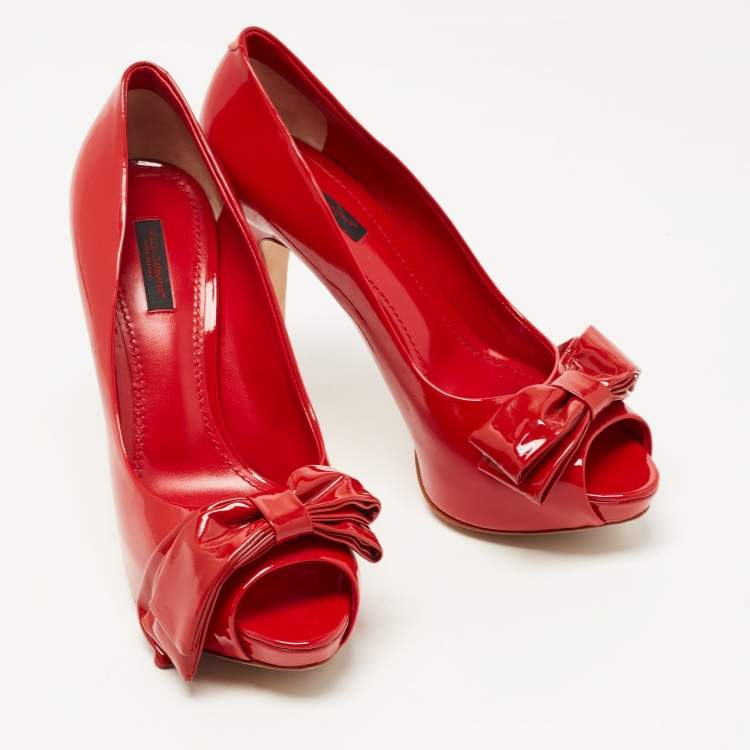Pre Owned Dolce & Gabbana Red Patent Leather Bow Peep Toe Pumps Size 38.5