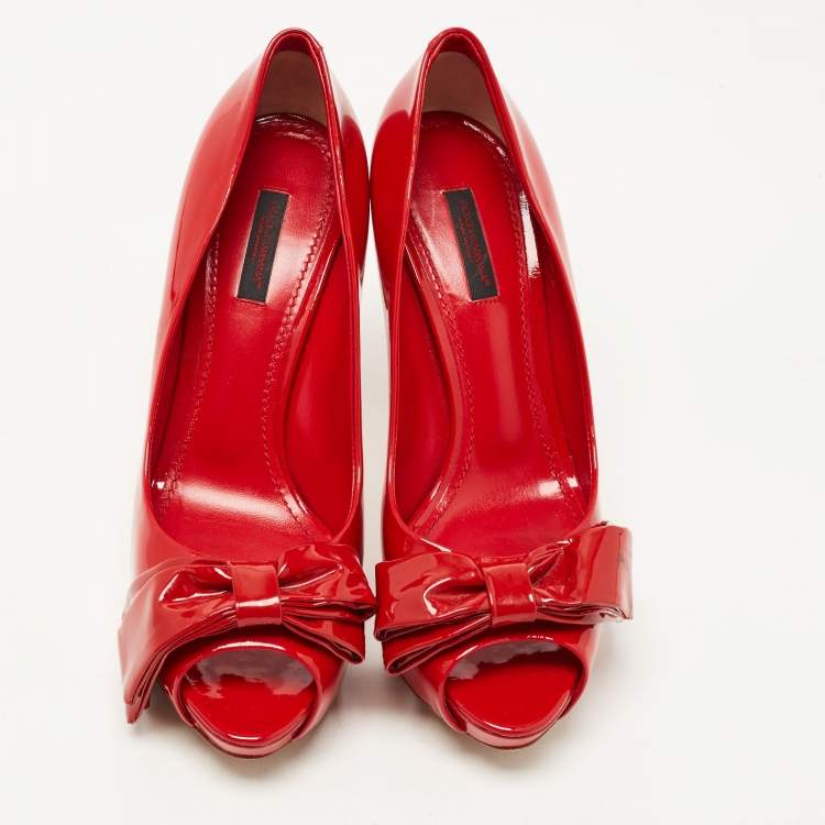 Pre Owned Dolce & Gabbana Red Patent Leather Bow Peep Toe Pumps Size 38.5