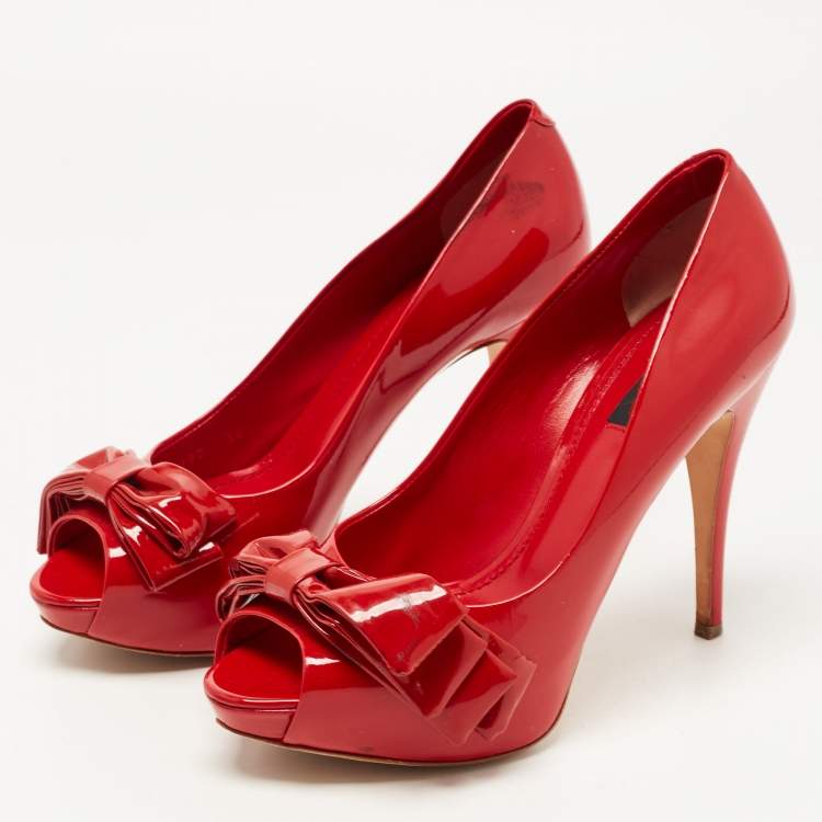 Pre Owned Dolce & Gabbana Red Patent Leather Bow Peep Toe Pumps Size 38.5