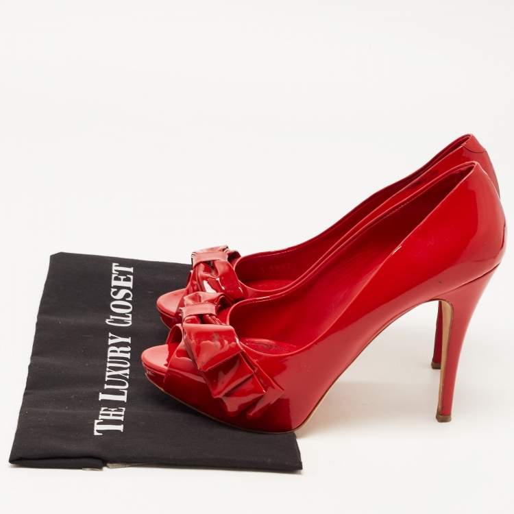 Pre Owned Dolce & Gabbana Red Patent Leather Bow Peep Toe Pumps Size 38.5