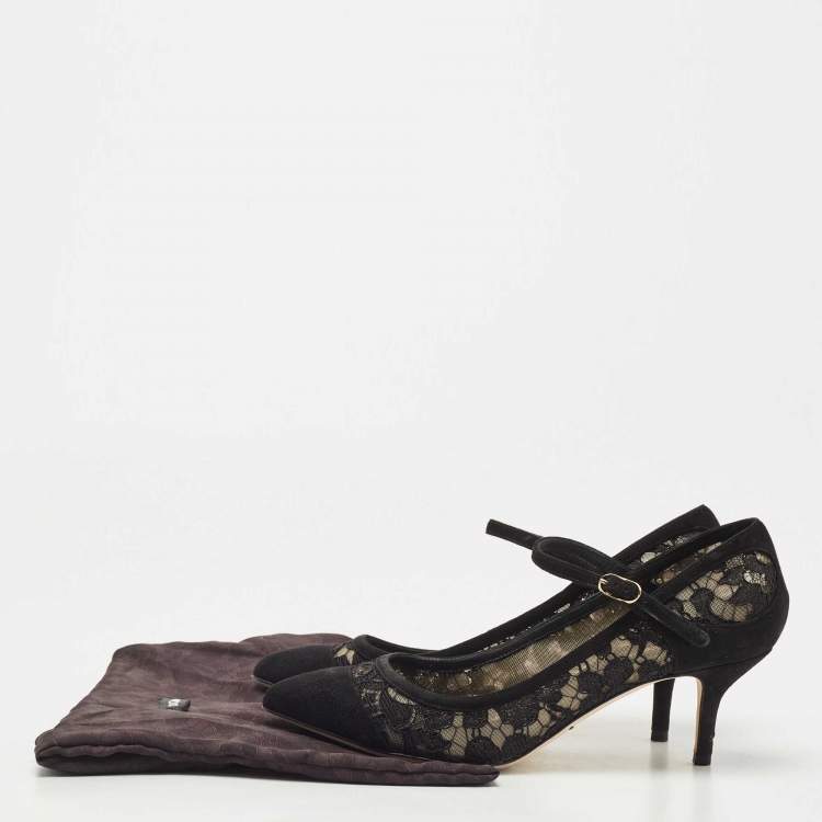 Pre Owned Dolce & Gabbana Black Lace and Suede Mary Jane Pumps Size 37.5