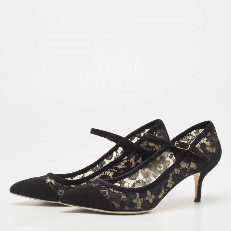 Pre Owned Dolce & Gabbana Black Lace and Suede Mary Jane Pumps Size 37.5