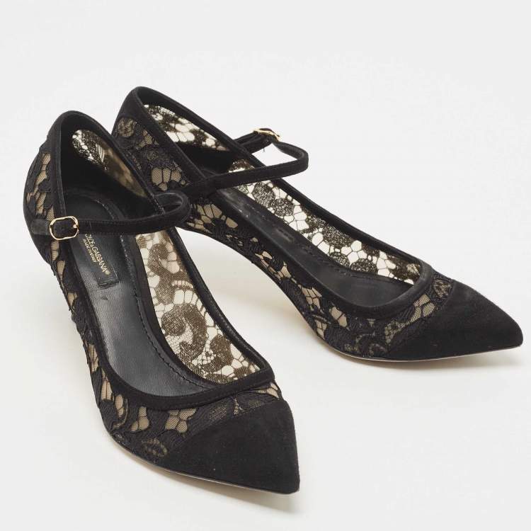 Pre Owned Dolce & Gabbana Black Lace and Suede Mary Jane Pumps Size 37.5