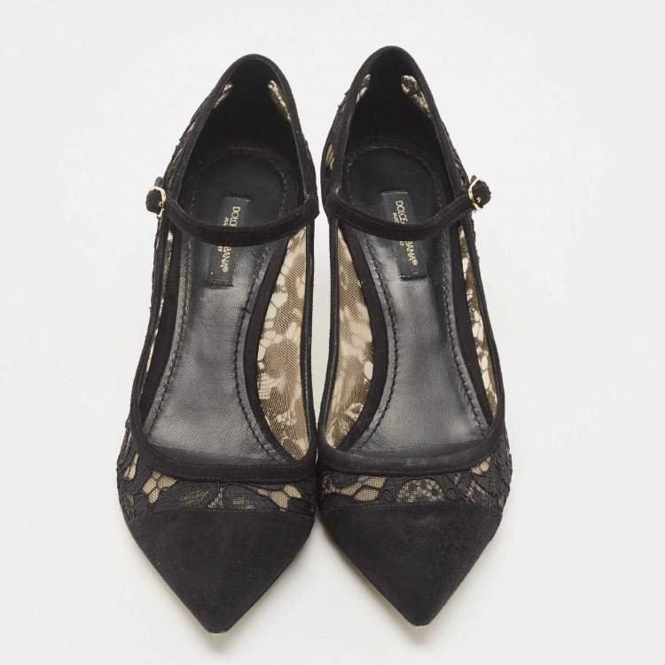 Pre Owned Dolce & Gabbana Black Lace and Suede Mary Jane Pumps Size 37.5