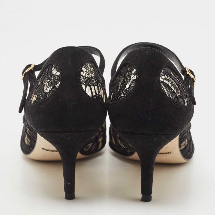 Pre Owned Dolce & Gabbana Black Lace and Suede Mary Jane Pumps Size 37.5