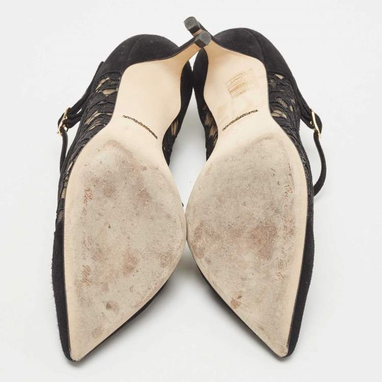Pre Owned Dolce & Gabbana Black Lace and Suede Mary Jane Pumps Size 37.5