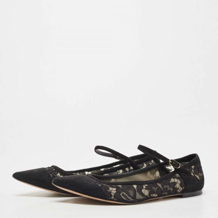 Pre Owned Dolce & Gabbana Black Suede and Lace Mary Jane Ballet Flats Size 40