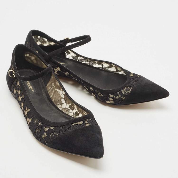 Pre Owned Dolce & Gabbana Black Suede and Lace Mary Jane Ballet Flats Size 40