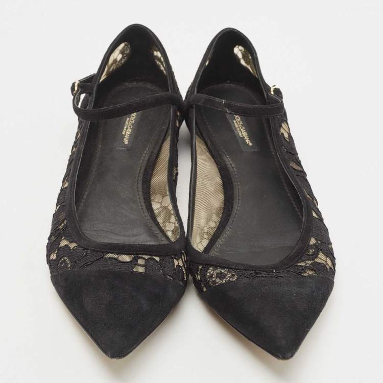 Pre Owned Dolce & Gabbana Black Suede and Lace Mary Jane Ballet Flats Size 40