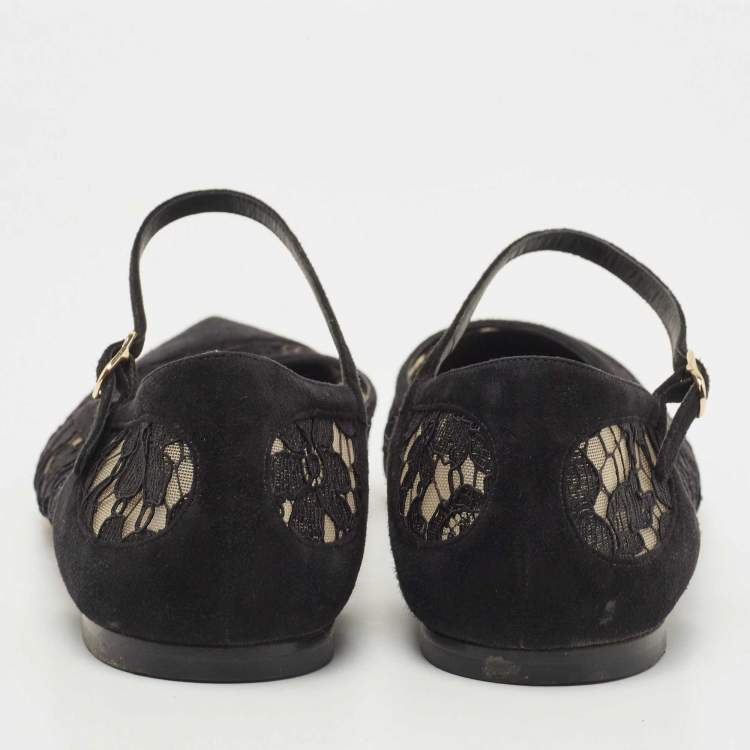Pre Owned Dolce & Gabbana Black Suede and Lace Mary Jane Ballet Flats Size 40