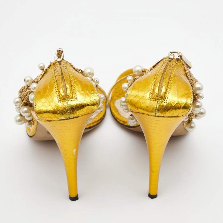 Pre Owned Dolce & Gabbana Metallic Yellow Python Embossed Leather Embellished Ankle Strap Sandals Size 40