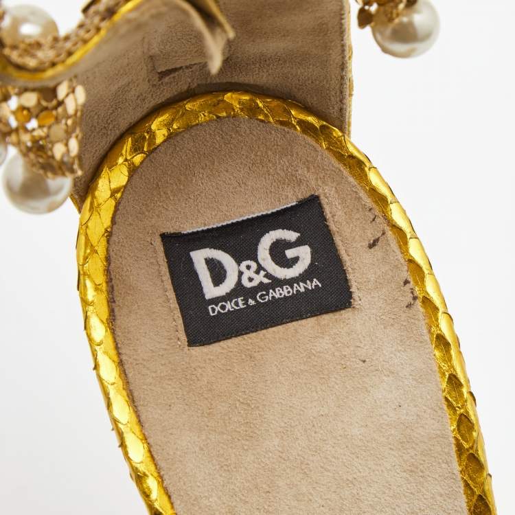 Pre Owned Dolce & Gabbana Metallic Yellow Python Embossed Leather Embellished Ankle Strap Sandals Size 40