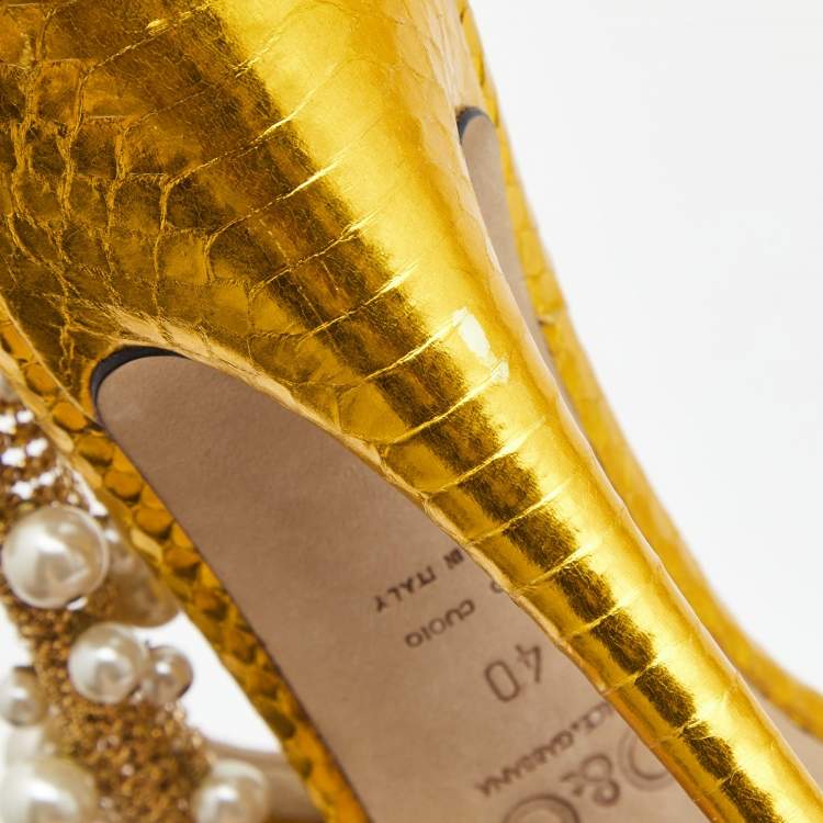Pre Owned Dolce & Gabbana Metallic Yellow Python Embossed Leather Embellished Ankle Strap Sandals Size 40