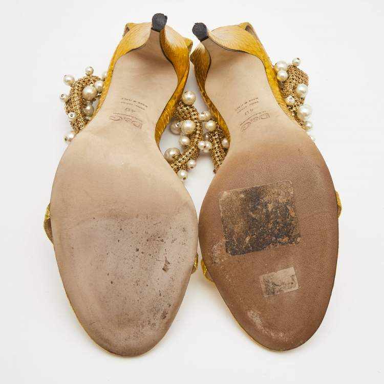 Pre Owned Dolce & Gabbana Metallic Yellow Python Embossed Leather Embellished Ankle Strap Sandals Size 40