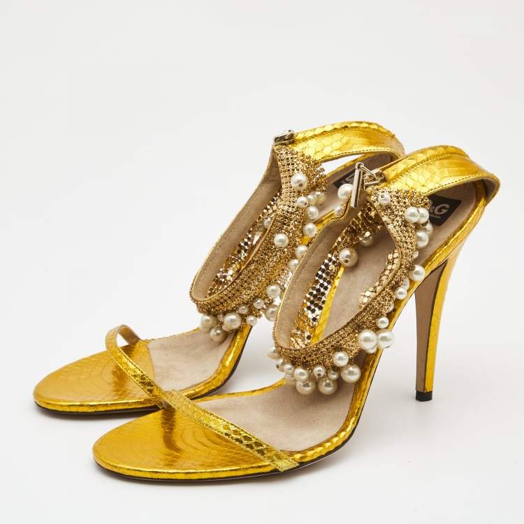 Pre Owned Dolce & Gabbana Metallic Yellow Python Embossed Leather Embellished Ankle Strap Sandals Size 40