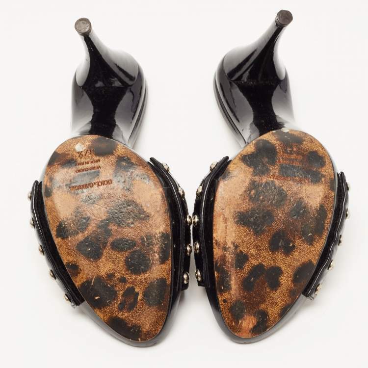 Pre Owned Dolce & Gabbana Black/Brown Patent Leather Leopard Print Slide Sandals Size 37.5
