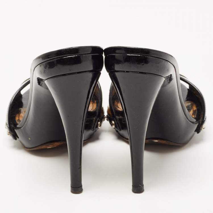 Pre Owned Dolce & Gabbana Black/Brown Patent Leather Leopard Print Slide Sandals Size 37.5