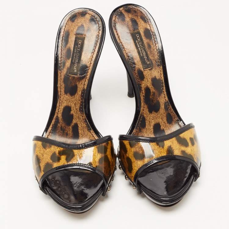 Pre Owned Dolce & Gabbana Black/Brown Patent Leather Leopard Print Slide Sandals Size 37.5