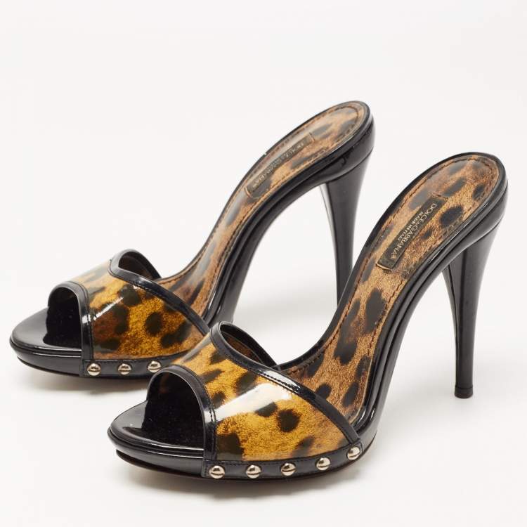 Pre Owned Dolce & Gabbana Black/Brown Patent Leather Leopard Print Slide Sandals Size 37.5