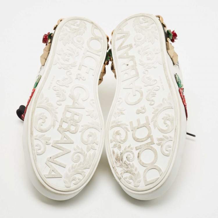 مملوكة مسبقًا Dolce & Gabbana White Leather Flower Applique and Studded Portofino Sneakers Size 39