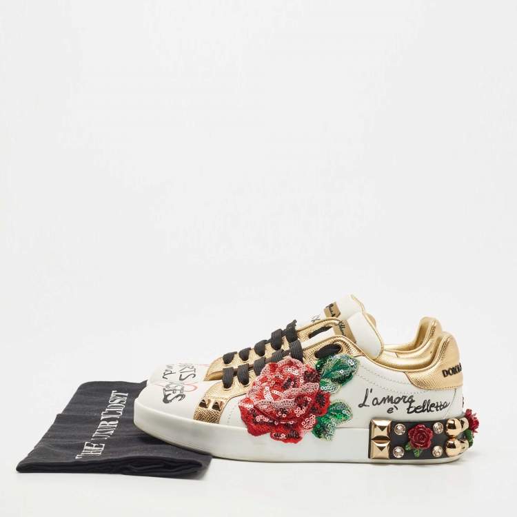 مملوكة مسبقًا Dolce & Gabbana White Leather Flower Applique and Studded Portofino Sneakers Size 39