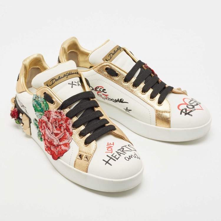 مملوكة مسبقًا Dolce & Gabbana White Leather Flower Applique and Studded Portofino Sneakers Size 39