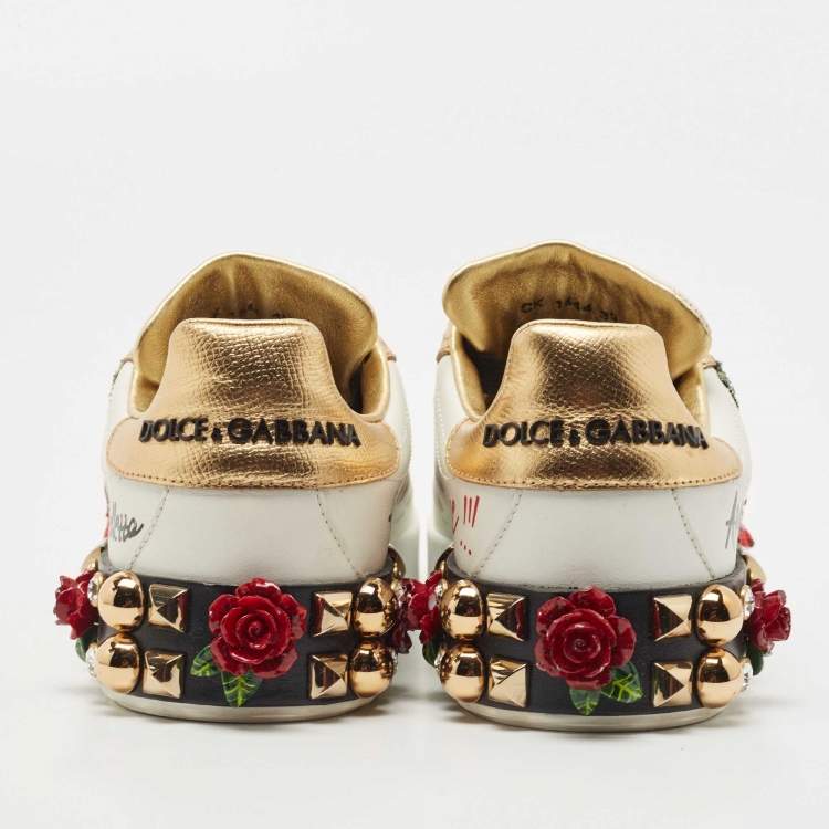 مملوكة مسبقًا Dolce & Gabbana White Leather Flower Applique and Studded Portofino Sneakers Size 39