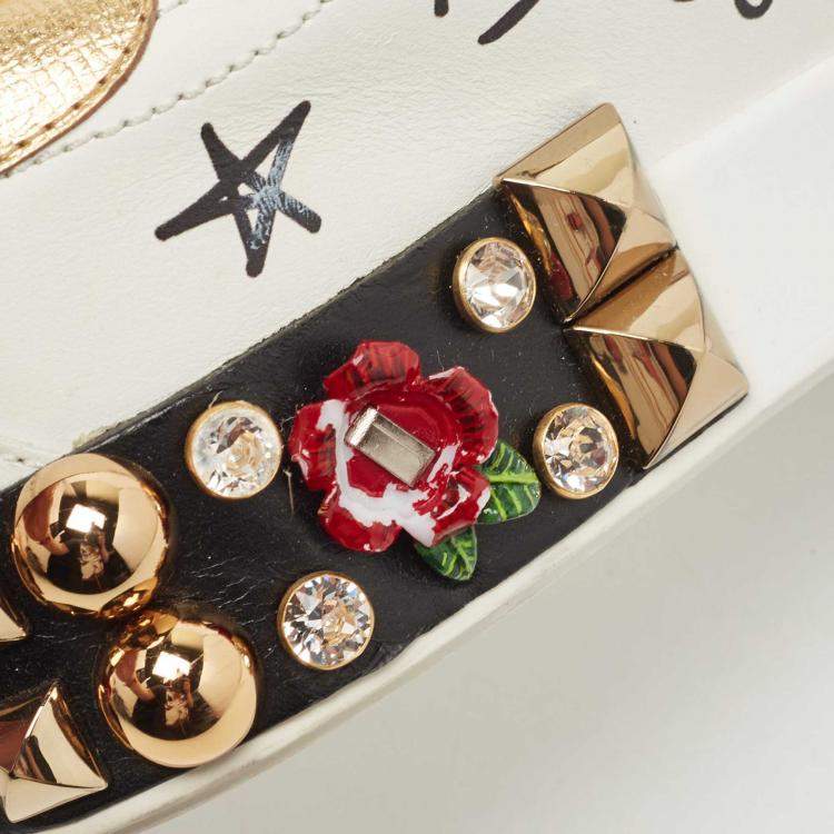 مملوكة مسبقًا Dolce & Gabbana White Leather Flower Applique and Studded Portofino Sneakers Size 39