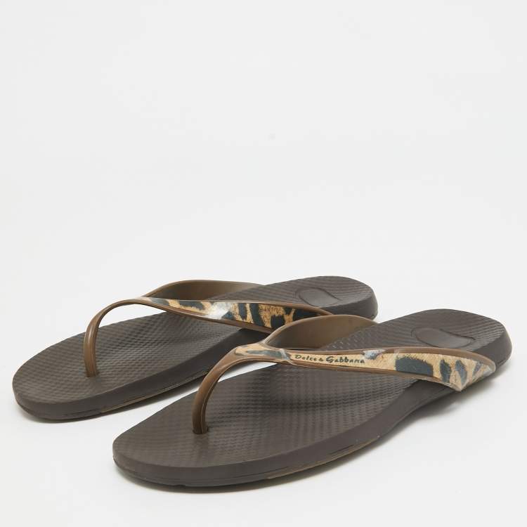 Pre Owned Dolce & Gabbana Brown/Black Tiger Print Rubber Thong Sandals Size 39  