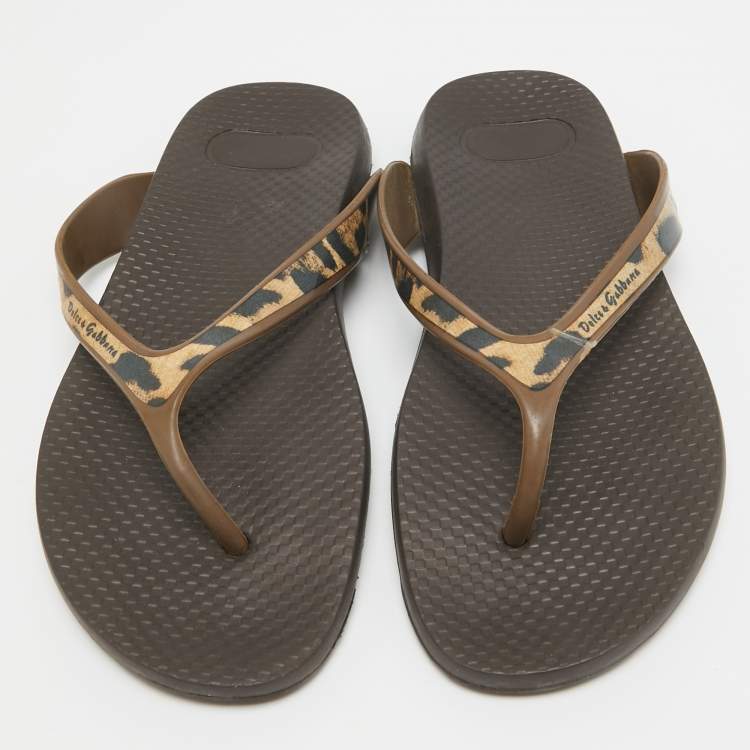 Pre Owned Dolce & Gabbana Brown/Black Tiger Print Rubber Thong Sandals Size 39  