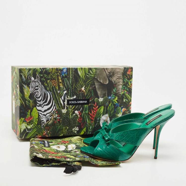 Pre Owned Dolce & Gabbana Green Croc Leather Bow Detail Slide Sandals Size 40