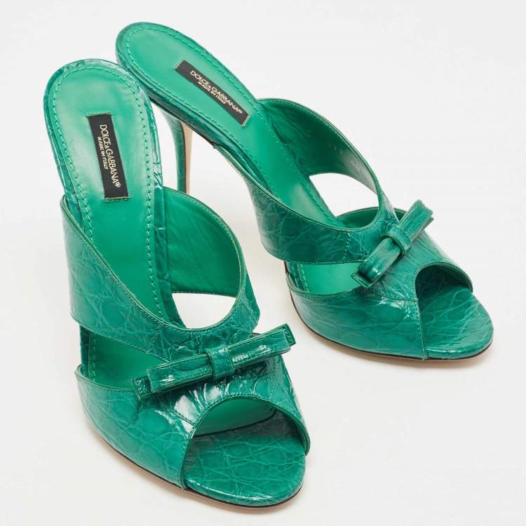 Pre Owned Dolce & Gabbana Green Croc Leather Bow Detail Slide Sandals Size 40