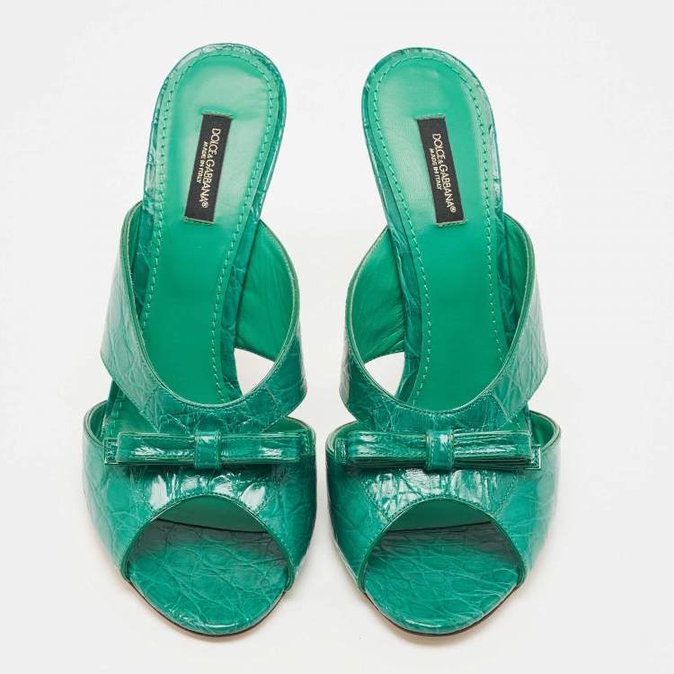 Pre Owned Dolce & Gabbana Green Croc Leather Bow Detail Slide Sandals Size 40
