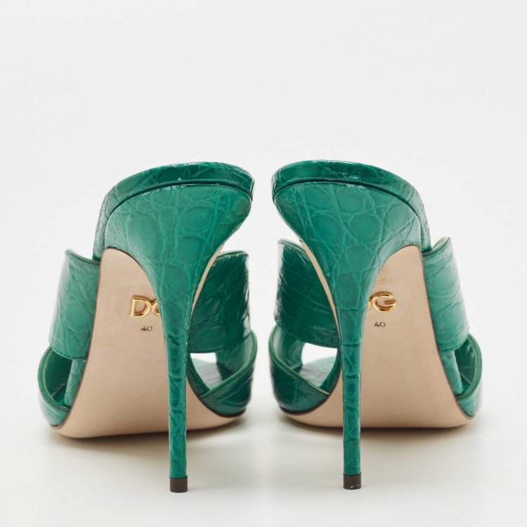Pre Owned Dolce & Gabbana Green Croc Leather Bow Detail Slide Sandals Size 40
