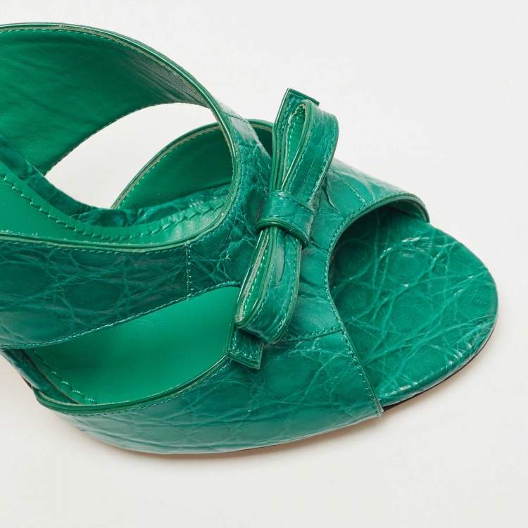 Pre Owned Dolce & Gabbana Green Croc Leather Bow Detail Slide Sandals Size 40