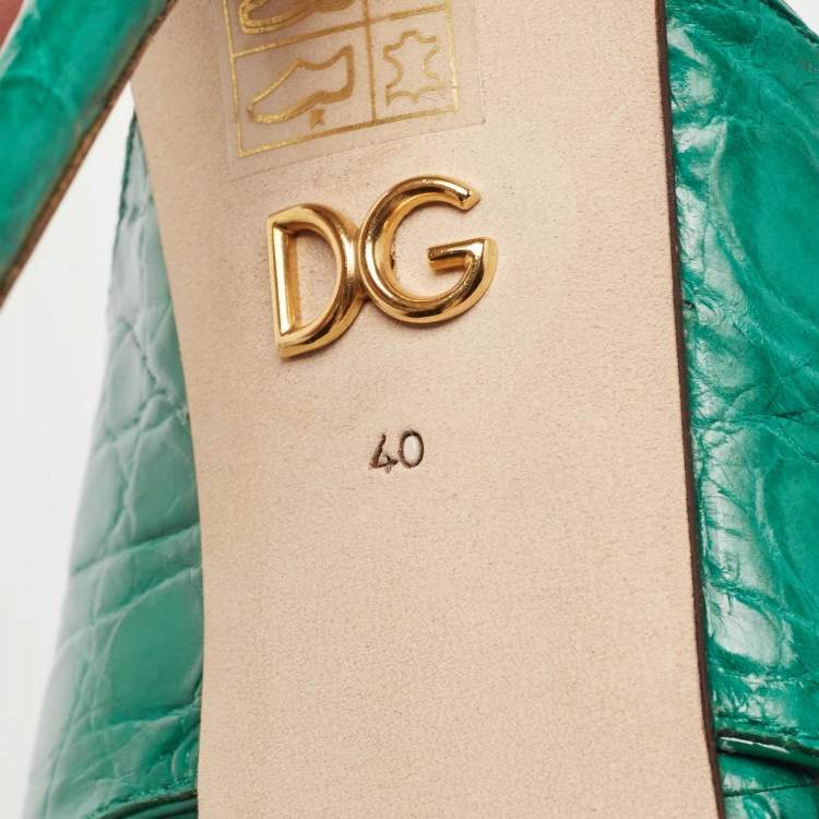 Pre Owned Dolce & Gabbana Green Croc Leather Bow Detail Slide Sandals Size 40
