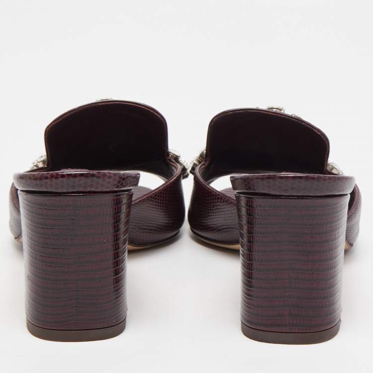 Pre Owned Dolce & Gabbana Burgundy Lizard Embossed Crystal Embellished Slide Sandals Size 37