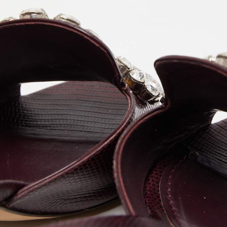 Pre Owned Dolce & Gabbana Burgundy Lizard Embossed Crystal Embellished Slide Sandals Size 37