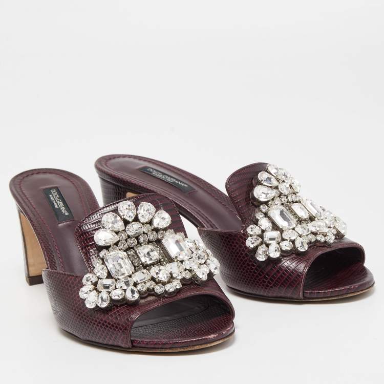 Pre Owned Dolce & Gabbana Burgundy Lizard Embossed Crystal Embellished Slide Sandals Size 37