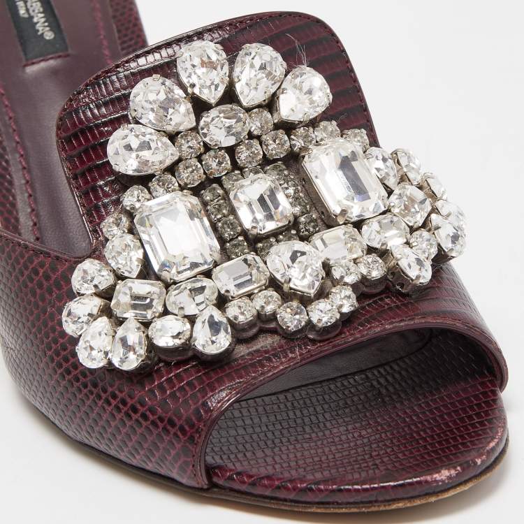 Pre Owned Dolce & Gabbana Burgundy Lizard Embossed Crystal Embellished Slide Sandals Size 37