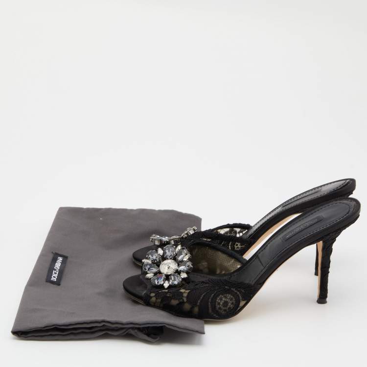 Pre Owned Dolce & Gabbana Black  Lace Crystal Embellished Bianca Open Toe Platform Slide Sandals Size 40