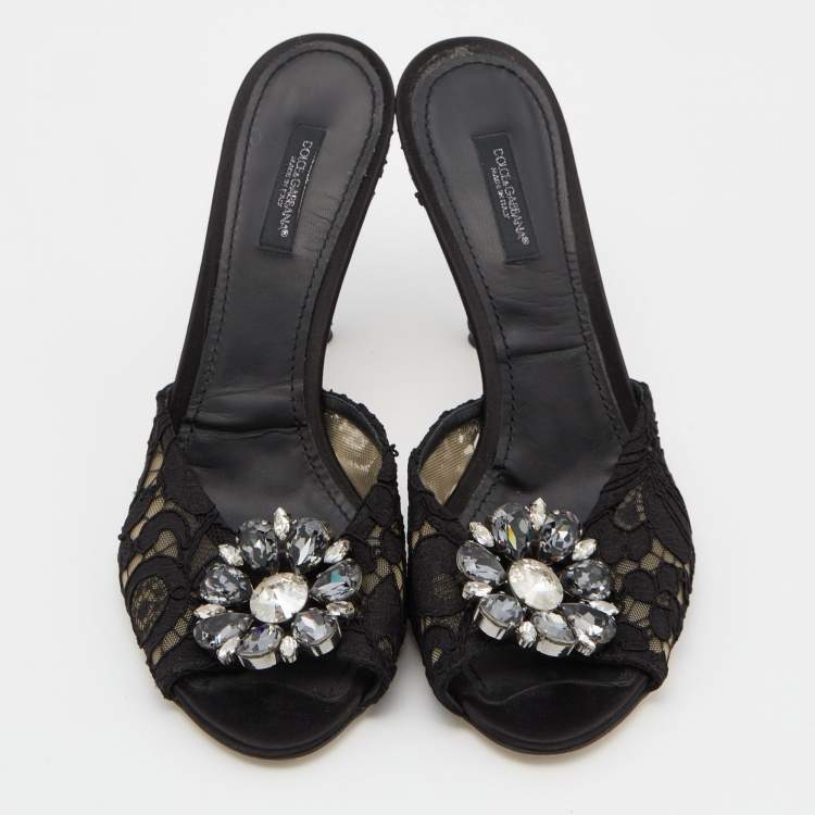 Pre Owned Dolce & Gabbana Black  Lace Crystal Embellished Bianca Open Toe Platform Slide Sandals Size 40