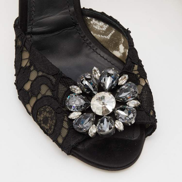Pre Owned Dolce & Gabbana Black  Lace Crystal Embellished Bianca Open Toe Platform Slide Sandals Size 40