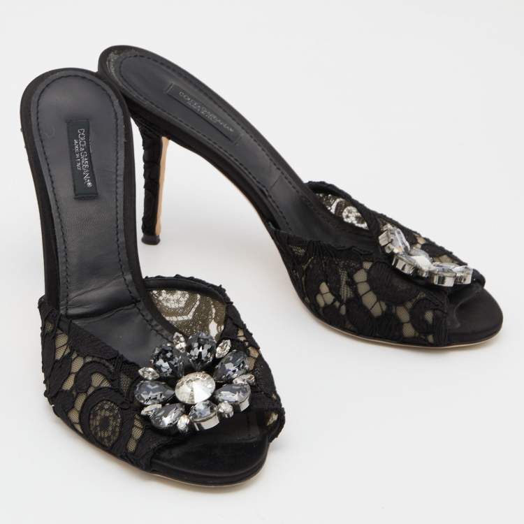 Pre Owned Dolce & Gabbana Black  Lace Crystal Embellished Bianca Open Toe Platform Slide Sandals Size 40