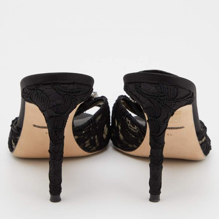 Pre Owned Dolce & Gabbana Black  Lace Crystal Embellished Bianca Open Toe Platform Slide Sandals Size 40
