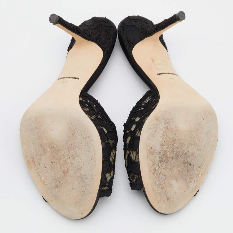 Pre Owned Dolce & Gabbana Black  Lace Crystal Embellished Bianca Open Toe Platform Slide Sandals Size 40